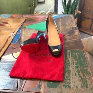 Christian Louboutin Black Patent Leather Peep-Toe Pumps with Red Sole